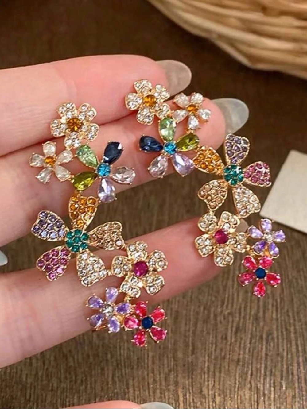 Gold Multicolor Floral Crystal Earrings - Women Jewelry
